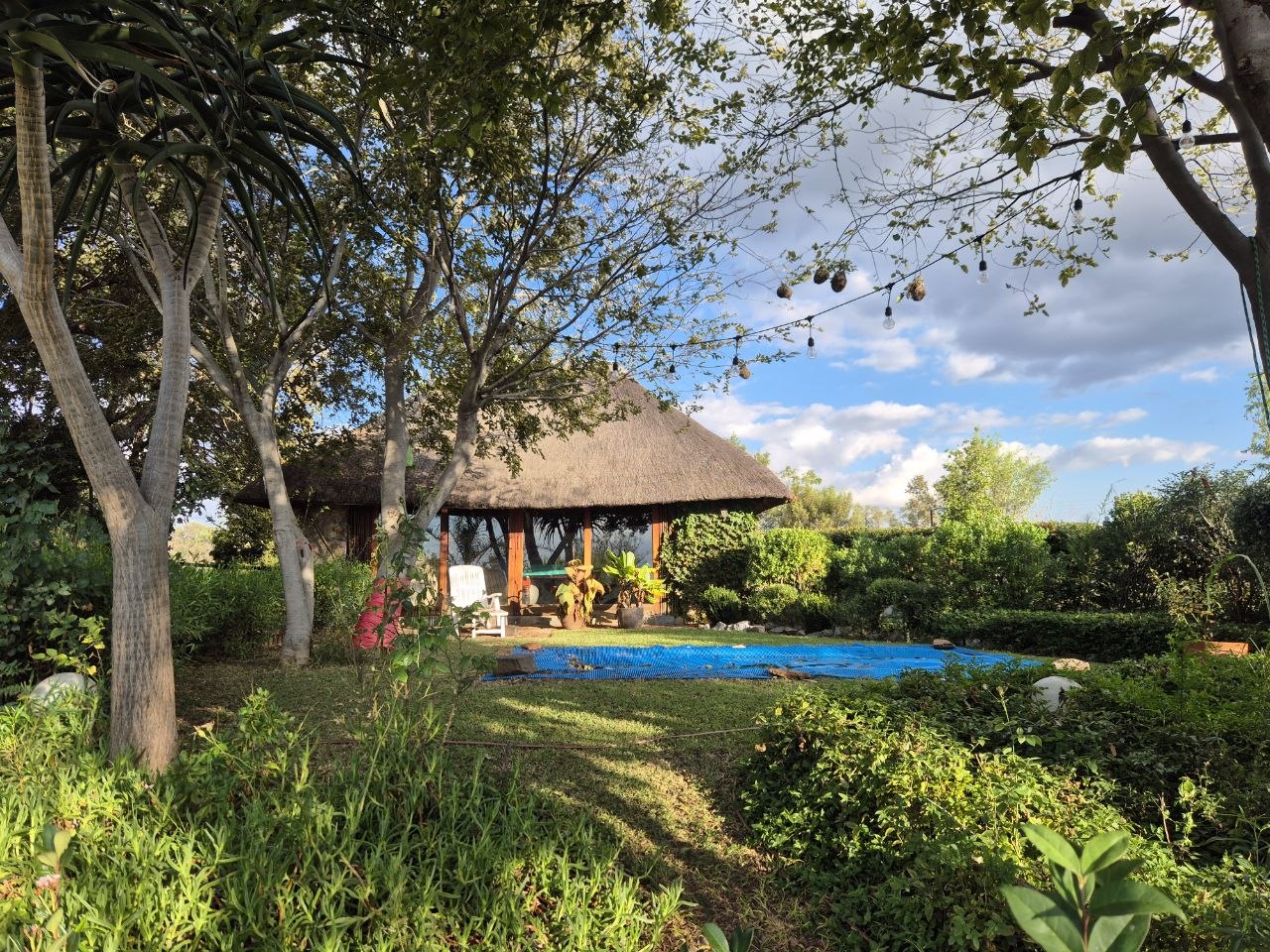 Reetgedecktes Poolhaus mit Swimmingpool im üppigen Garten